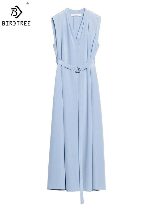 Chic Sleeveless Silk V-Neck Dress with Pleated Waistband Design