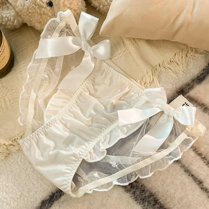 Charming Princess-Inspired Satin Lace Bow Women's Panties - Soft Ruffled Mesh Underwear for All-Day Comfort