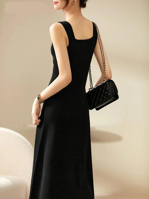 Chic Black Knitted Midi Dress with Square Neck and Spaghetti Straps