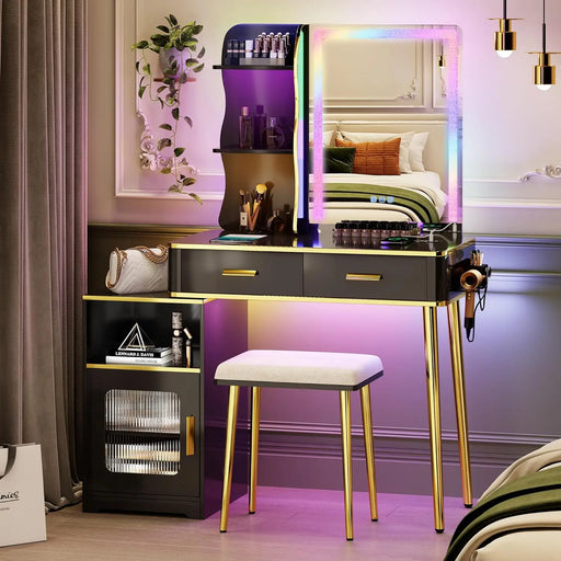 Glass Vanity Desk Set with RGB Lighting & Charging Station, Stylish Makeup Table for Bedroom