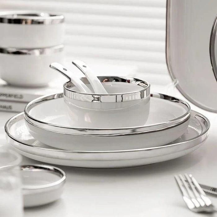 Sophisticated White Porcelain Dinnerware Collection with Silver Detailing for Elegant Home and Hotel Dining