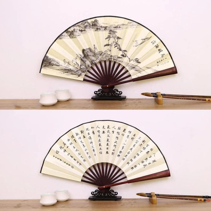 Vintage Silk Folding Fan with Bamboo Handle - Stunning Handheld Accessory for Celebrations and Home Sophistication