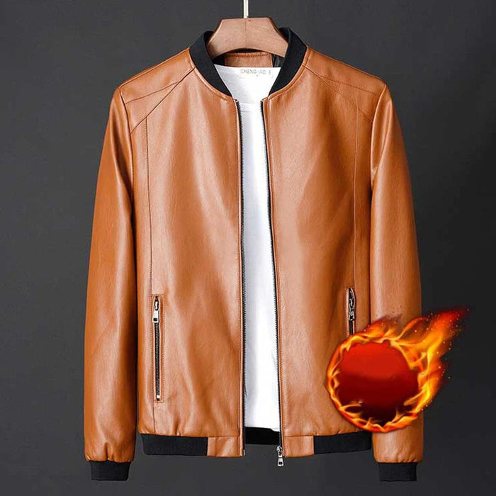 Men's Slim Fit Collarless Faux Leather Baseball Jacket - Trendy Korean Style