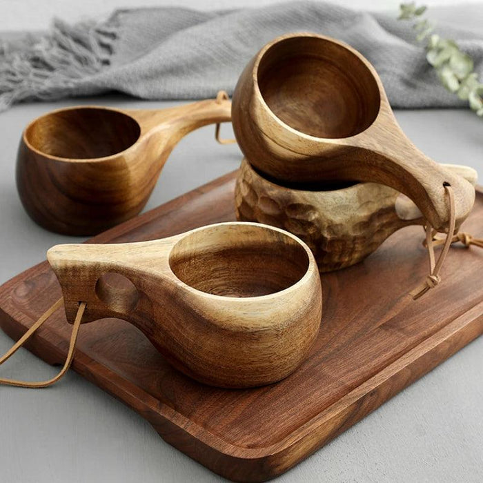 Rustic Acacia Wood Outdoor Mug - Elegant Camping Coffee & Milk Cup with Practical Rope Handle