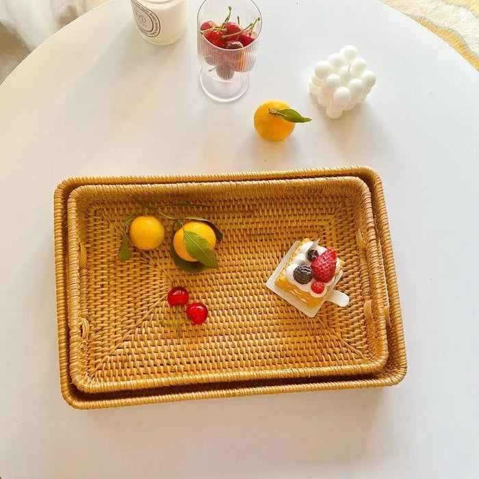 Artisan Woven Rattan Storage Tray for Fruits, Vegetables, and Tea