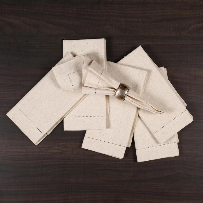 Set of 6 Luxurious Hemstitched Linen Napkins with Nature-Inspired Motifs - Flax Fabric for Elegant Dining