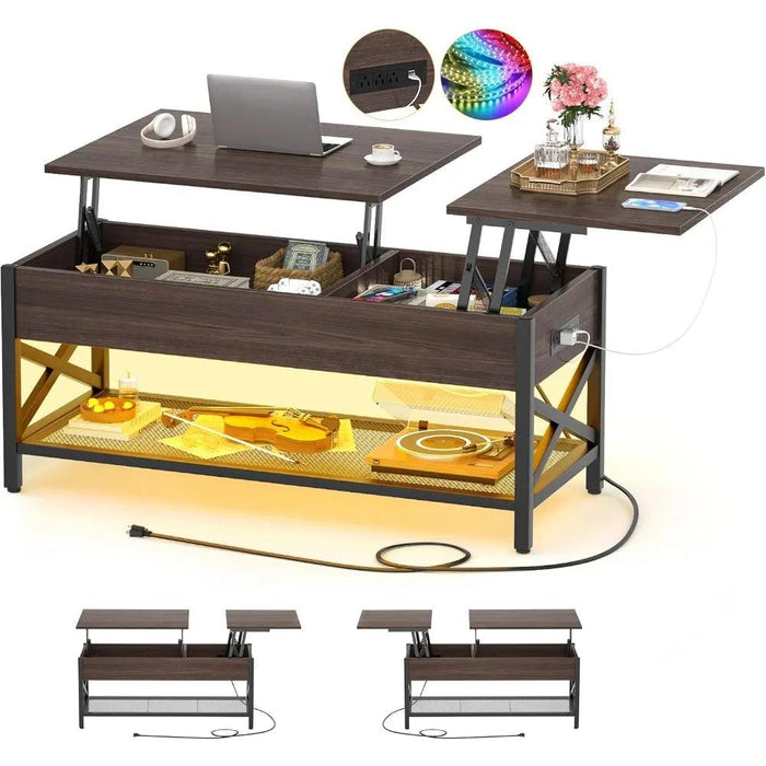 Modern Lift-Top Coffee Table with LED Lighting, USB Ports, and Smart Storage Solutions