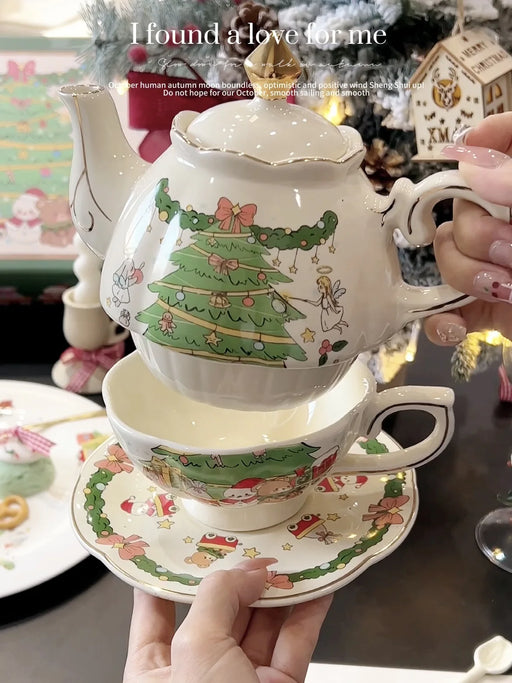 Christmas Cartoon Hand-Drawn Ceramic Tea Set with Gift Box Kitchen Drinkware