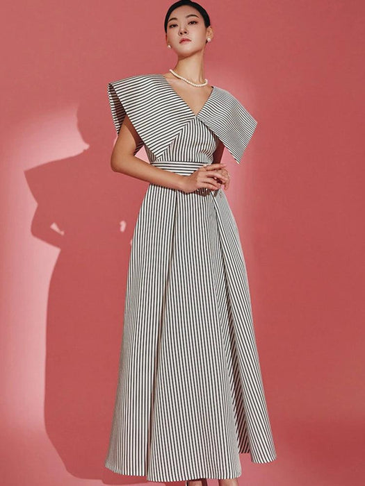 Striped High-Waisted Evening Dress with Oversized Collar for Women – 2024 Summer Collection 35Z657