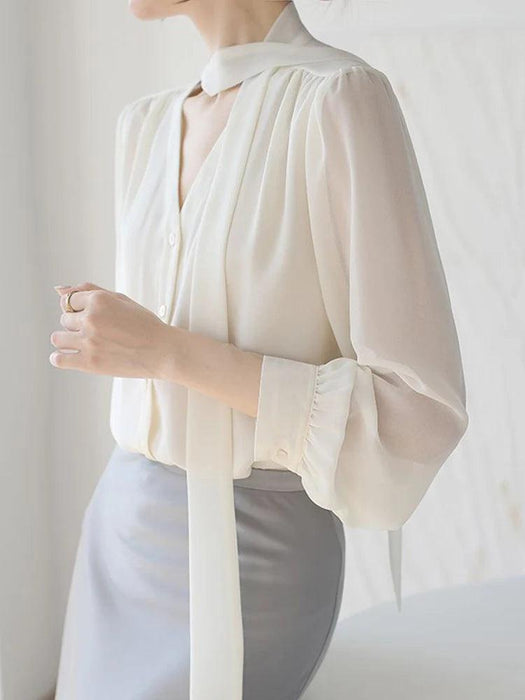 Chic Korean Chiffon Lace-Up Blouse with Puff Sleeves and V-Neck for Women