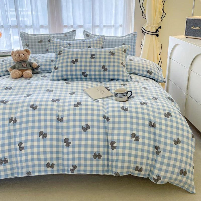 Korean Style Blue Plaid Duvet Cover Set for Kids