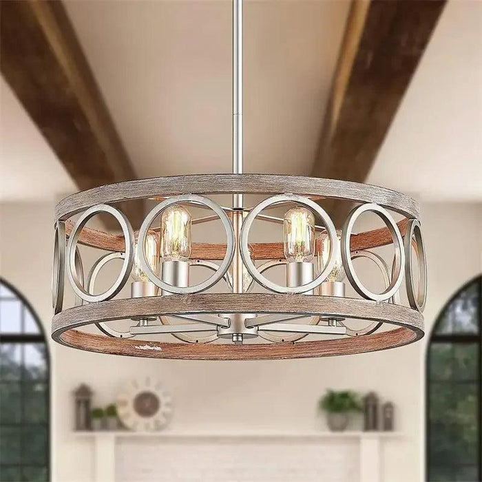 Rustic Farmhouse Circular Chandelier with Wood Grain Finish for Elegant Home and Restaurant Lighting