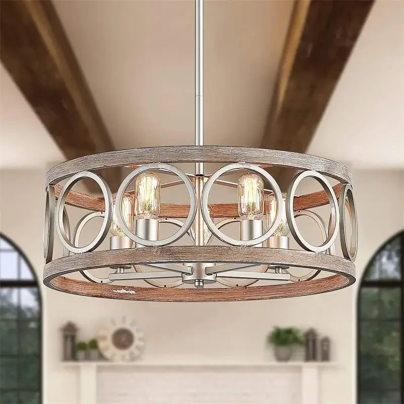 Vintage-Inspired Wood Grain Circular Chandelier for Home and Restaurant Illumination