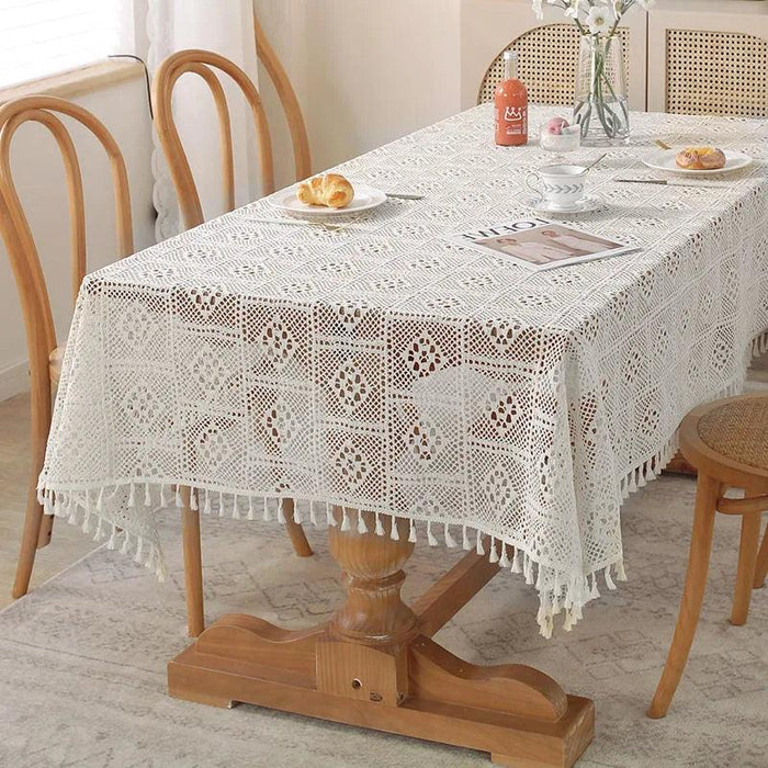 Rustic Elegance Handcrafted Crochet Beige Table Cover - Perfect for Dining, Bridal Celebrations, and Home Decor