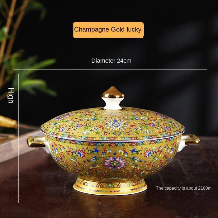 Authentic Elegant Under-glazed Ceramic Soup Pot with Lid and Spoon - Large Round Design with Gold Accents for Chinese Dining and Decor