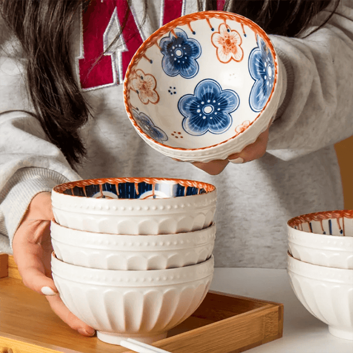 4.5-Inch Japanese High-Legged Ceramic Bowl with Embossed Floral Design