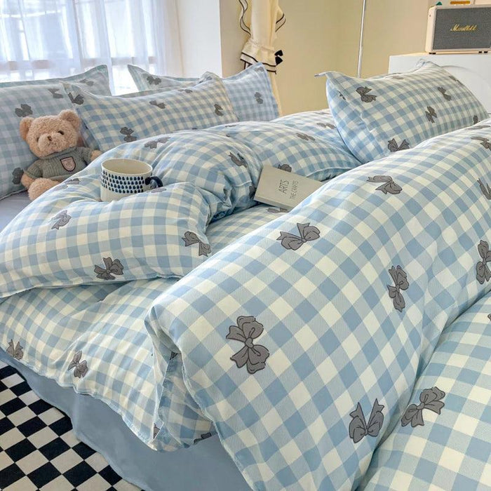 Korean Style Blue Plaid Duvet Cover Set for Kids