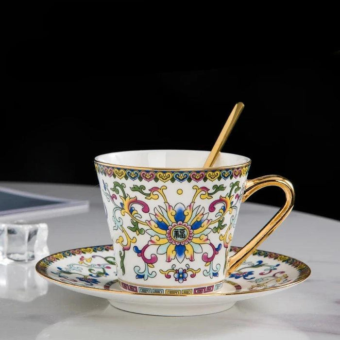 Imperial Elegance Enamel Porcelain Tea and Coffee Cup Set with Ornate Borders