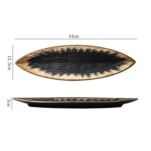 Elegant Japanese Ceramic Leaf Plate with Quicksand Texture and Gold Rim