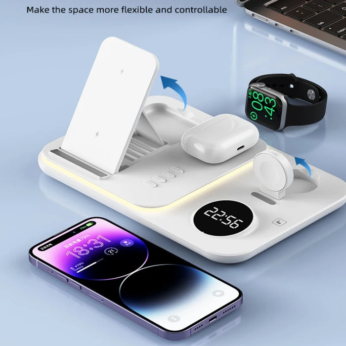 Multi-Device 5-in-1 Wireless Charging Station with RGB LED Display for Apple Watch, AirPods, iPhone, Galaxy Watch, and Samsung - Fast Charging with Time Functionality