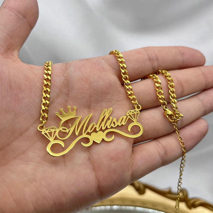 Personalized Royal Crown Name Necklace - Elegant Cuban Chain Jewelry for Women