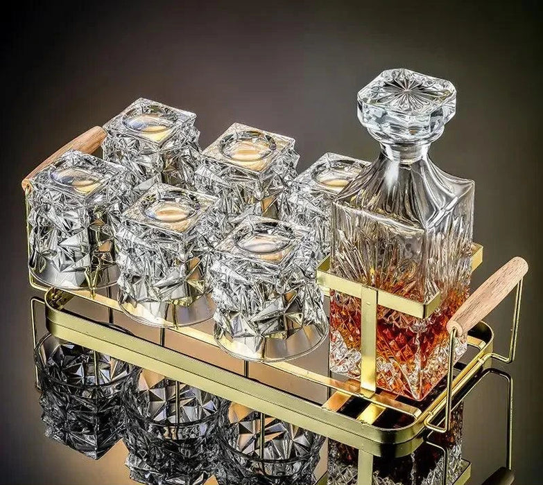 Artisan Crystal Wine and Whiskey Glass Set with Stylish Display Rack