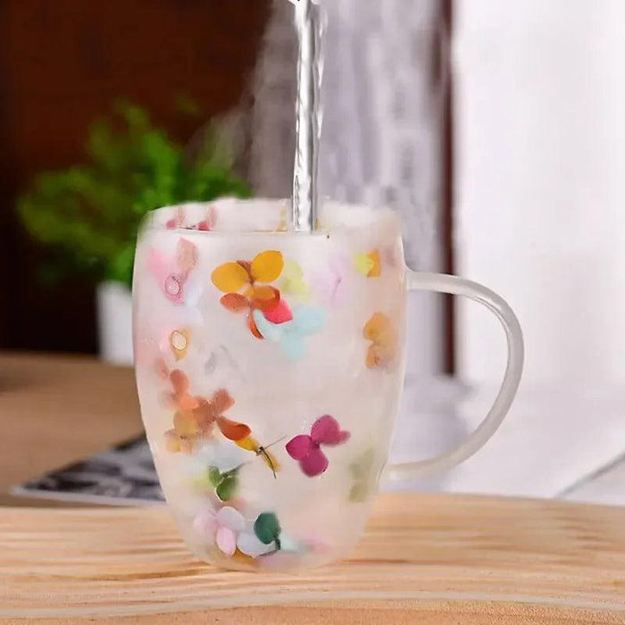 Elegant Double Walled Floral Glass Mug - High Borosilicate Coffee and Tea Cup with Handle