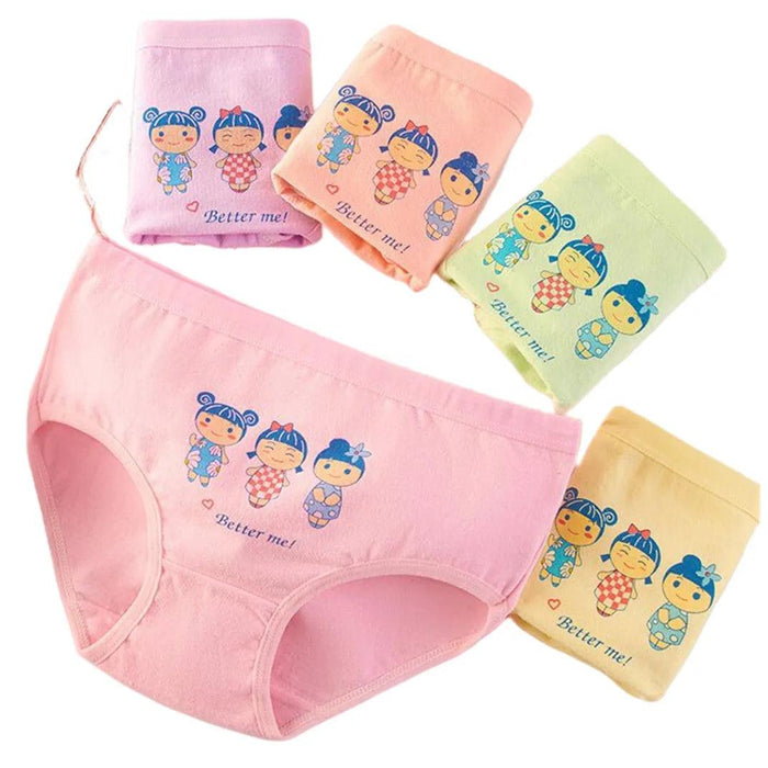 4 pcs Girls' Cotton Briefs Collection - Soft, Breathable & Playful Patterns for Kids