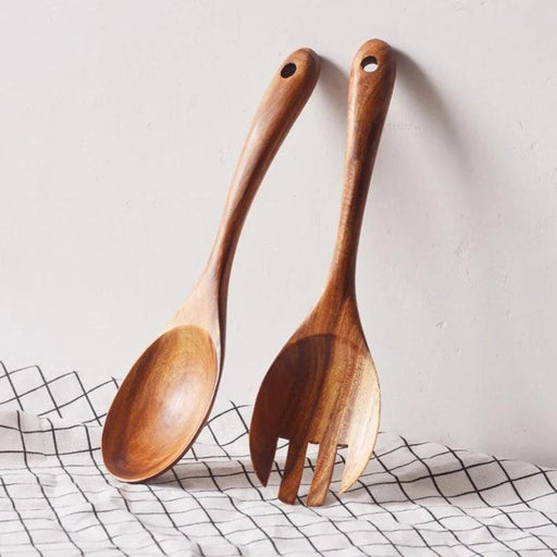 Set of 2 Eco-Friendly Acacia Wood Salad Serving Set - Artisan Spoon & Fork