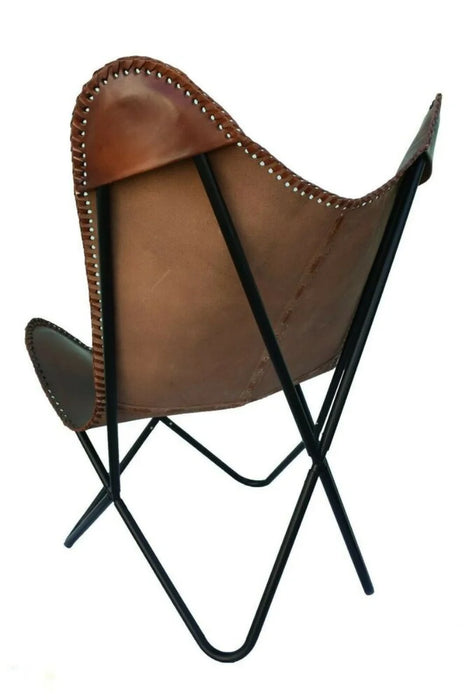 Vintage Brown Leather Butterfly Chair: Elegant Sleeper Lounge for Stylish Home and Outdoor Relaxation