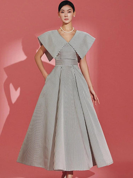 Striped High-Waisted Evening Dress with Oversized Collar for Women – 2024 Summer Collection 35Z657