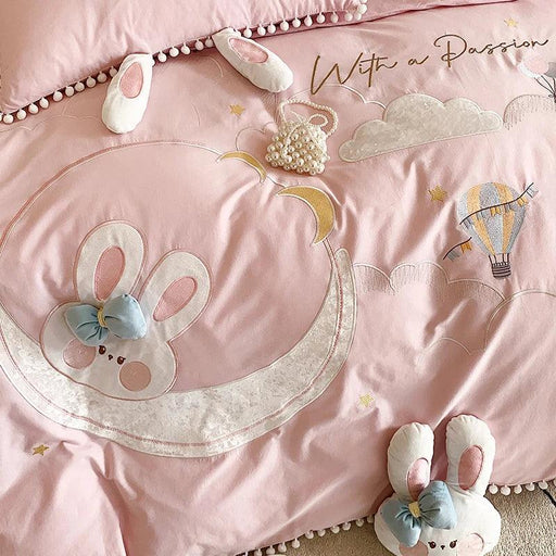 Charming Pink Cartoon Rabbit & Moon Embroidered 100% Cotton Girls Bedding Set with Whimsical Ball Edges - Duvet Cover, Sheet & Pillowcases