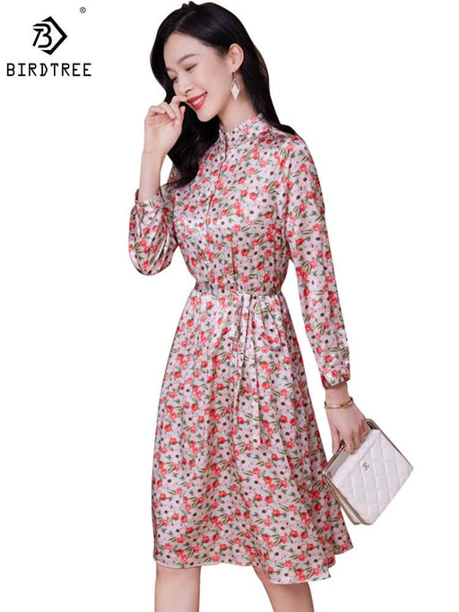 Elegant Floral A-line Silk Dress with Stand Neck for Women