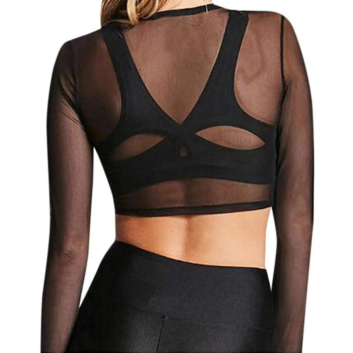 Sleek Sheer Black Mesh Long Sleeve Crop Top - A Must-Have Fashion Essential for Women