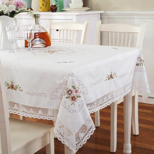 Elegant Floral Lace Trimmed White Cotton Tablecloth for Dining and Coffee Tables - European Pastoral Design