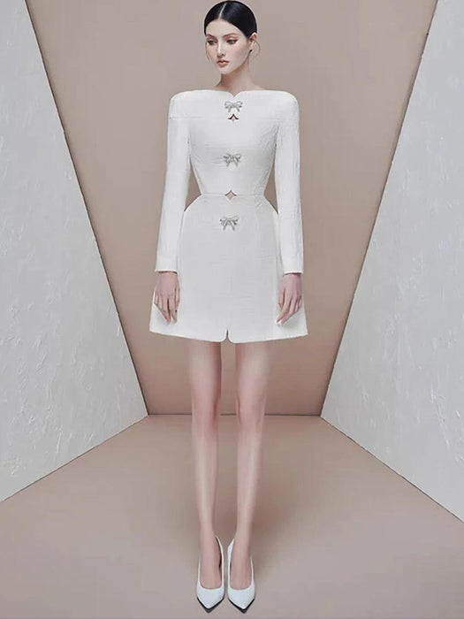 Glamorous White Dress with Rhinestone Accents, Bow Detail, and Slash Neck for Women - Summer 2024 Collection