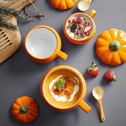 300/450ML Halloween Pumpkin Shaped Ceramic Mug Set - Spooky Kawaii Soup Cup with Lid and Spoon