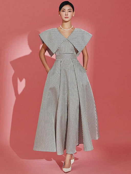 Striped High-Waisted Evening Dress with Oversized Collar for Women – 2024 Summer Collection 35Z657