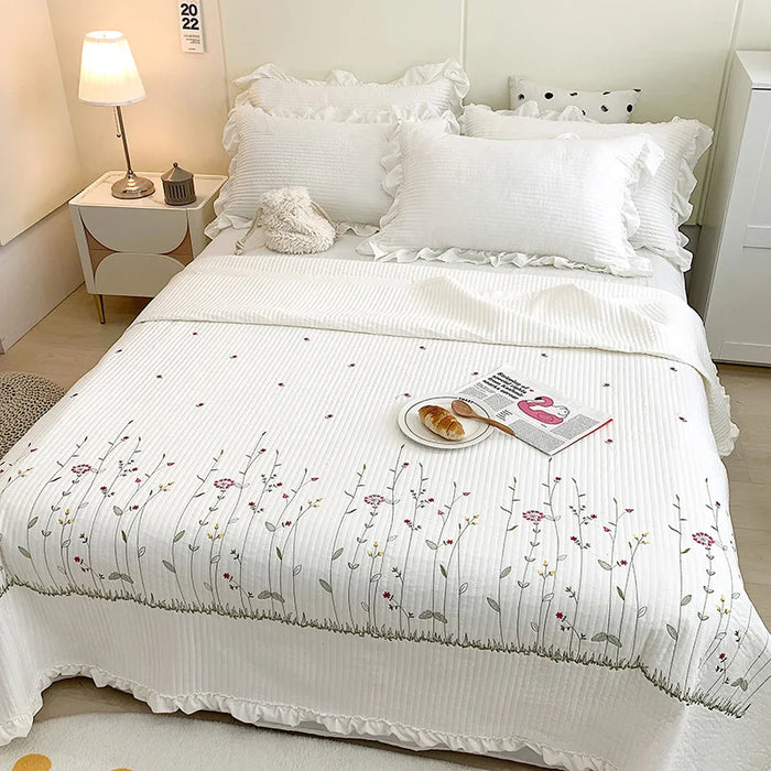 Ruffles Flowers Embroidery Summer Quilt Set