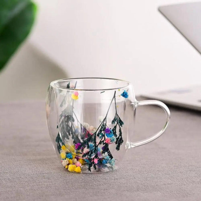 Elegant Double-Wall Glass Mug with Real Dried Flower Infusion - Heat-Resistant Tea and Coffee Cup with Stylish Handles