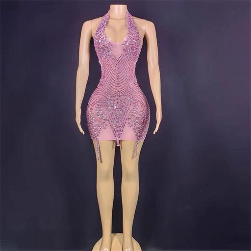 Radiant Pink Sheer Mini Dress with Rhinestone Embellishments - Perfect for Dazzling Occasions