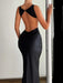 Satin Backless Bodycon Sexy Maxi Dress Women High Elastic Satin O Neck Sleeveless