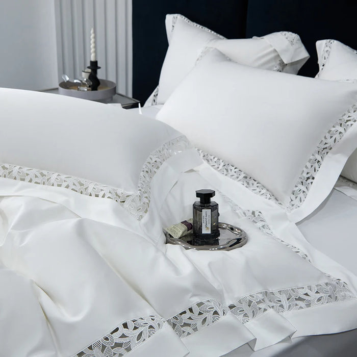Exquisite 1200TC Egyptian Cotton Luxury Bedding Collection with Elegant Hollow Lace Trim, Duvet Cover, Flat & Fitted Sheets, and Pillowcases