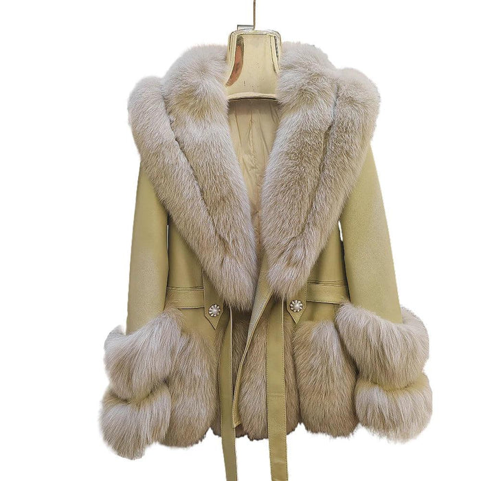 Luxurious V-neck Fox Fur and Sheepskin Winter Coat