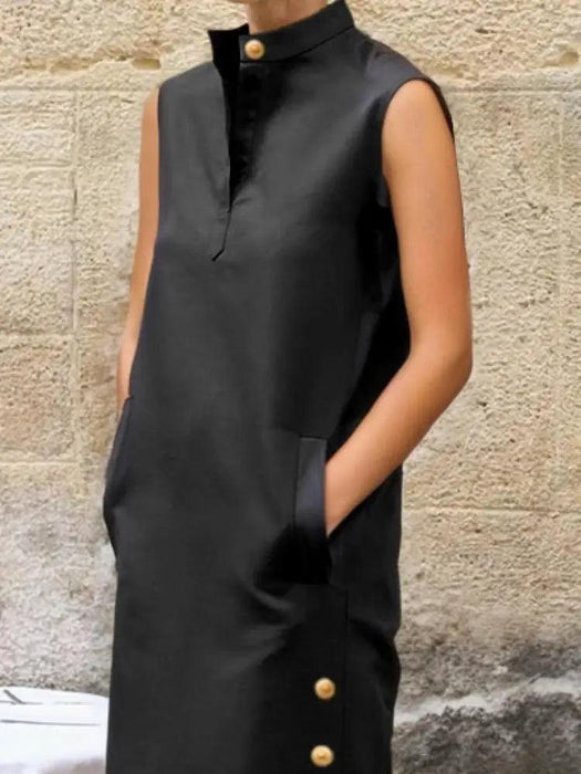 Summer Elegant Black Sleeveless Maxi Dress with Button Front and Stylish Side Split for Women