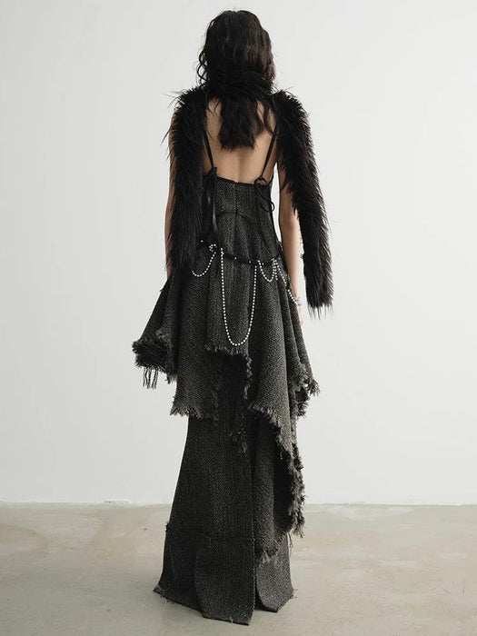 Chic Vintage Sleeveless V-Neck Dress with Unique Tassels and Burr Hem - Women's Wool Blend Autumn/Winter Fashion