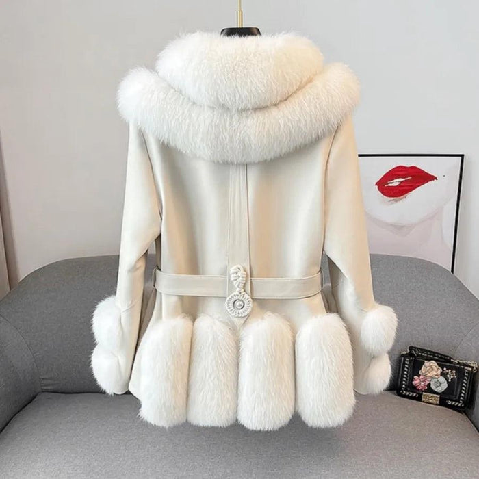 Luxurious V-neck Fox Fur and Sheepskin Winter Coat