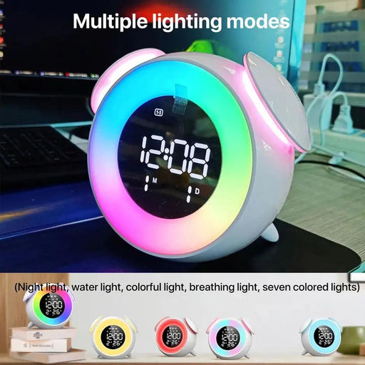 Colorful Rechargeable LED Alarm Clock with Sunrise-Sunset Simulation and Mirror Finish