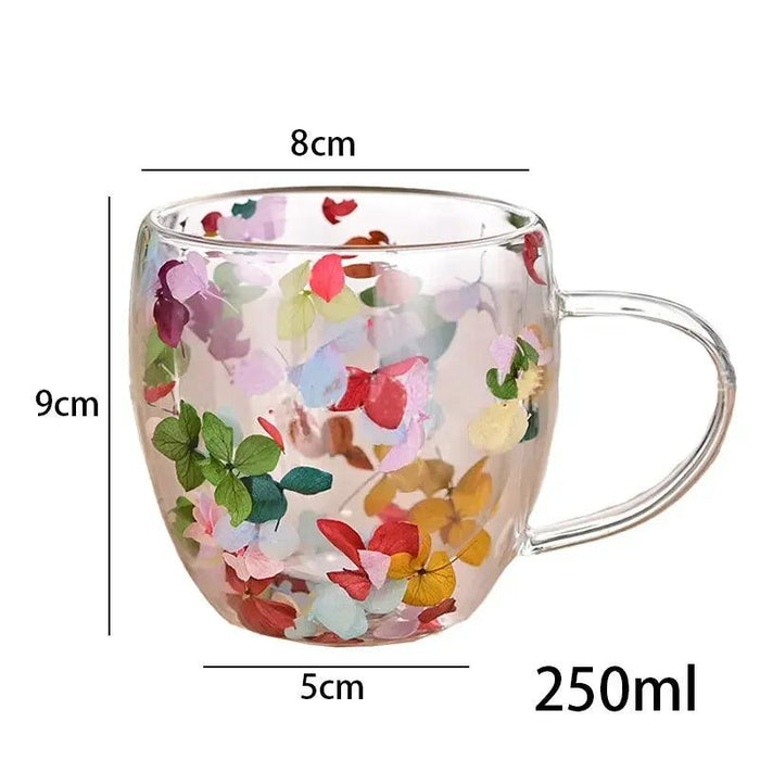 Elegant Double Walled Floral Glass Mug - High Borosilicate Coffee and Tea Cup with Handle