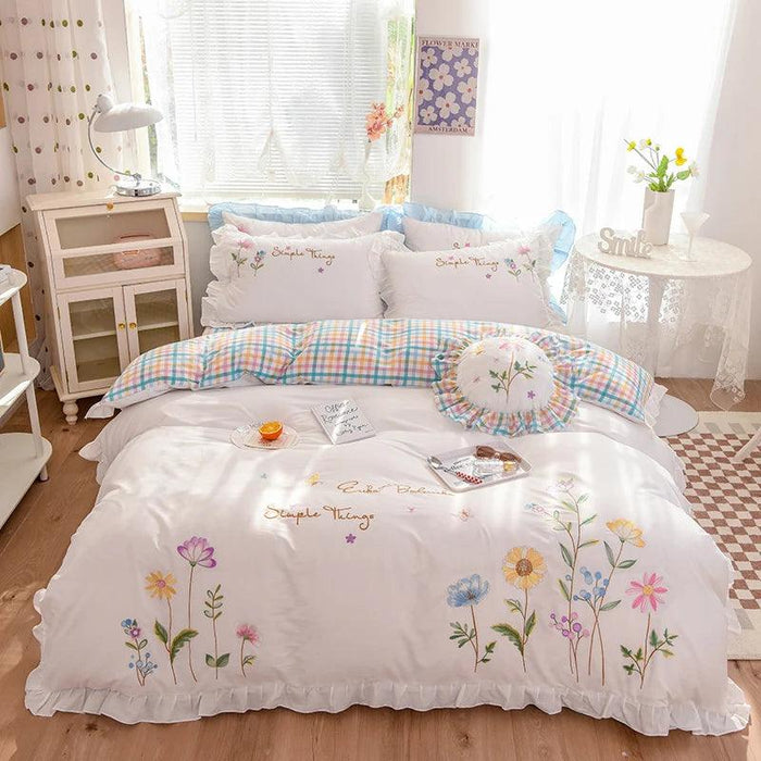 Pastoral Elegance: Embroidered Floral Cotton Bedding Set with Ruffled Details - Duvet Cover, Flat & Fitted Sheets, Pillowcases